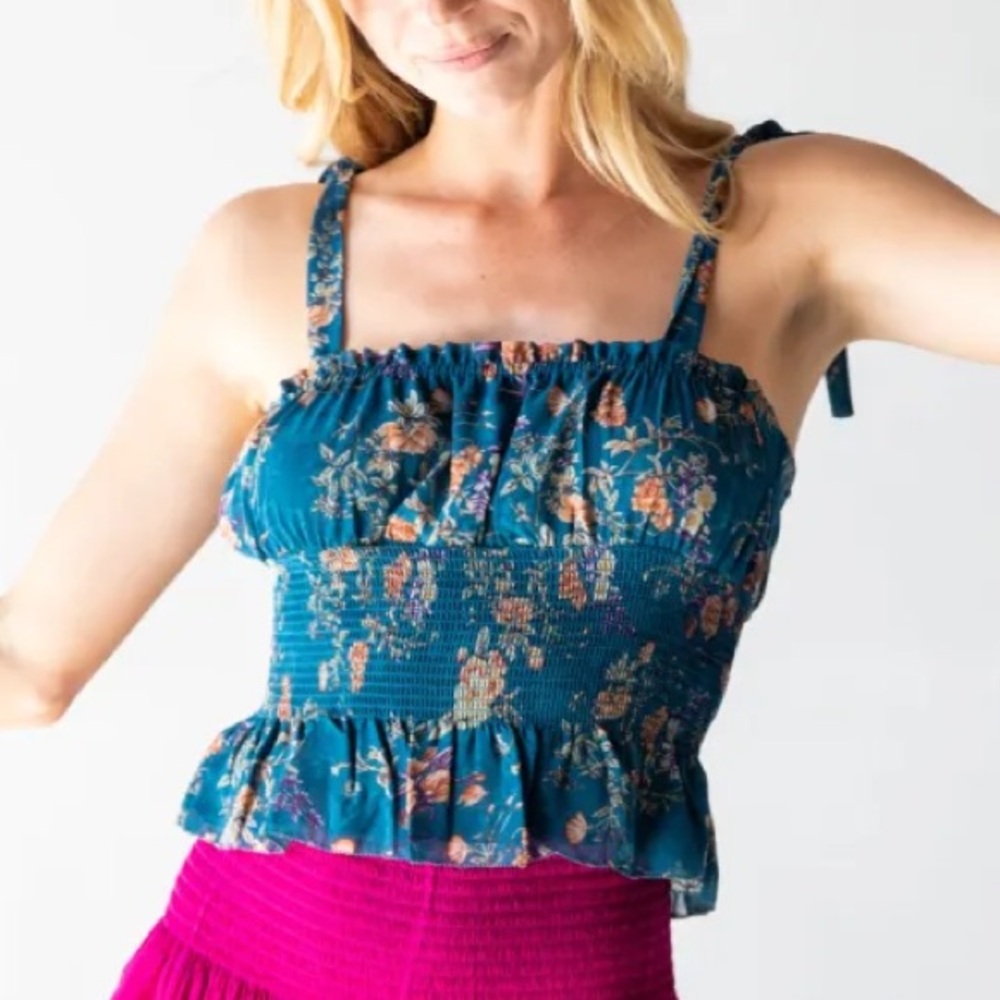 💙Natural Life Eloise Teal Blue Floral Smocked Tie Strap Tank Top